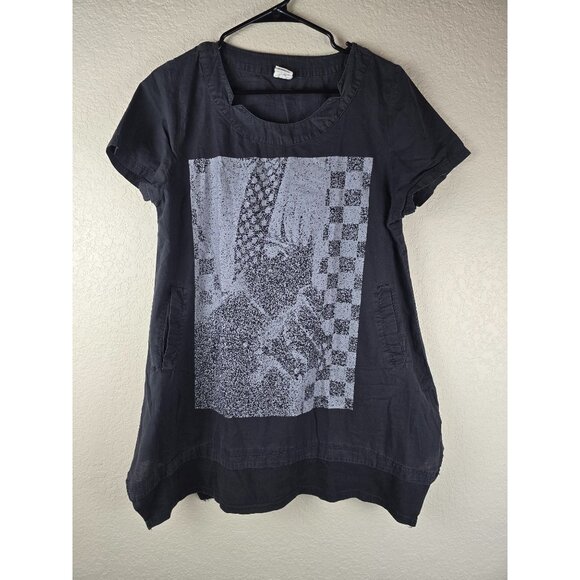 Korean Style 100% Cotton Lagenlook Blouse Asymmetrical Hem Pockets Graphic Print - Picture 3 of 8